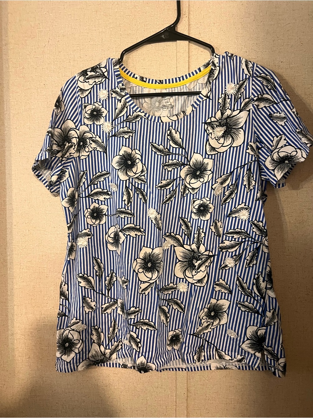 Rafaella Blue and White Striped Floral Short Sleeve Top